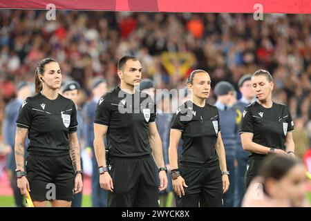 Wembley Stadium, London, UK. 5th Apr, 2024. UEFA Womens Euro Qualifying International Football, England versus Sweden; referee Ivana Projkovska, assistant referee Vjolca Izeiri and Ainhoa Fernandez Ruiz, and fourth official Marjan Dejanoski line up for pre-match. Credit: Action Plus Sports/Alamy Live News Stock Photo