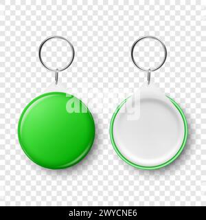 Vector 3d Realistic Green Blank Round Button Badge with Ring Holder Closeup, Isolated. ID Badge Design Template, Mockup. Design Template for Access Stock Vector
