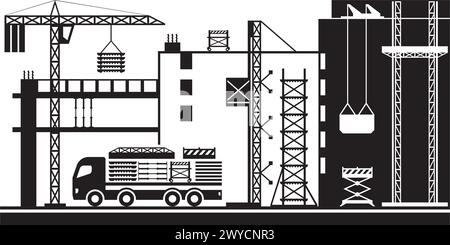 Truck supplies construction site with scaffolding – vector illustration Stock Vector