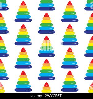 Childrens educational toy pyramid with multi colored rings. Seamless pattern. Vector illustration on a white background. Stock Vector