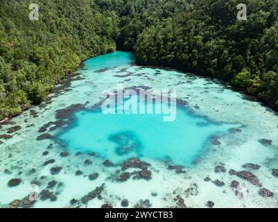 A shallow coral reef grows in a calm lagoon amid Raja Ampat's tropical seascape. This part of Indonesia is known as the heart of the Coral Triangle. Stock Photo