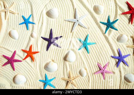 Colored starfish and shells on white fine sand. Summer background,  flat lay. Stock Photo
