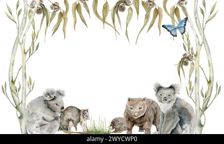 Koala and possum card with wombat and echidna decorated with eucalyptus leaves. Australian native animals watercolor illustration on white background. Stock Photo