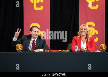 Eric Musselman is introduced as the new head coach for USC Trojans men’s basketball by Athletic Director Jennifer Cohen during a press conference, Fri Stock Photo