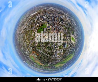 Aerial view, town hall at the city park and duck pond, Theodor-Heuss-Gymnasium, Kathrin-Türks-Halle Theater, earth globe, fisheye image, fisheye image Stock Photo