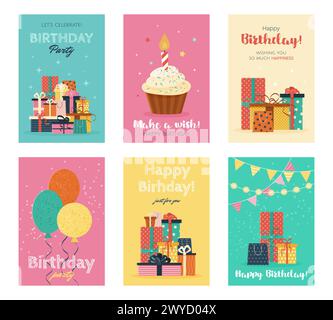 Set of Happy Birthday greeting cards or party invitations. Stock Vector