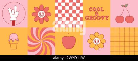 Retro print with hippie groovy characters, elements, backgrounds. Square shape simple y2k poster, card with flower, cherry, apple, icecream. Stock Vector