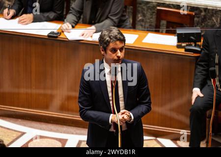 Paris, France. 3rd Apr, 2024. French Prime-Minister Gabriel Attal speaks at the National Assembly. A weekly session of questioning the French Prime-Minister Gabriel Attal takes place in the National Assembly at Palais Bourbon in Paris. (Credit Image: © Telmo Pinto/SOPA Images via ZUMA Press Wire) EDITORIAL USAGE ONLY! Not for Commercial USAGE! Stock Photo