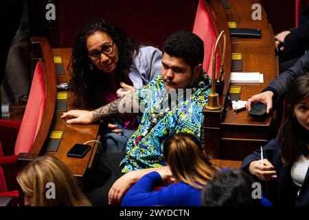 Paris, France. 03rd Apr, 2024. Tematai Le Gayic, deputy of Gauche Démocrate et Republicaine group, seen at the National Assembly. A weekly session of questioning the French Prime-Minister Gabriel Attal takes place in the National Assembly at Palais Bourbon in Paris. (Photo by Telmo Pinto/SOPA Images/Sipa USA) Credit: Sipa USA/Alamy Live News Stock Photo