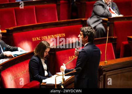 Paris, France. 03rd Apr, 2024. French Prime-Minister Gabriel Attal speaks at the National Assembly. A weekly session of questioning the French Prime-Minister Gabriel Attal takes place in the National Assembly at Palais Bourbon in Paris. (Photo by Telmo Pinto/SOPA Images/Sipa USA) Credit: Sipa USA/Alamy Live News Stock Photo