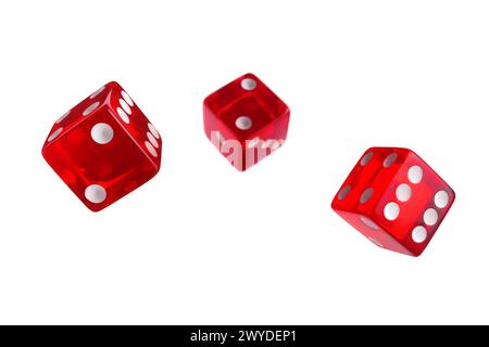 Three red dice in air on white background Stock Photo