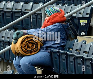 Pittsburgh, United States. 05th Apr, 2024. Pittsburgh Pirates fan comes prepared for the cold weather at the Home Opener with the Baltimore Orioles at PNC Park on Friday, April 5, 2024 in Pittsburgh. Photo by Archie Carpenter/UPI Credit: UPI/Alamy Live News Stock Photo