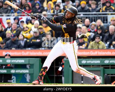 Pittsburgh, United States. 05th Apr, 2024. Pittsburgh Pirates shortstop Oneil Cruz (15) singles in the third inning against the Baltimore Orioles during the Pirates Home Opener at PNC Park on Friday, April 5, 2024 in Pittsburgh. Photo by Archie Carpenter/UPI Credit: UPI/Alamy Live News Stock Photo