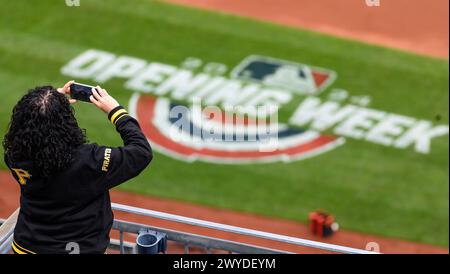 Pittsburgh, United States. 05th Apr, 2024. Pittsburgh Pirates fan photographs the the field before the Home Opener with the Baltimore Orioles at PNC Park on Friday, April 5, 2024 in Pittsburgh. Photo by Archie Carpenter/UPI Credit: UPI/Alamy Live News Stock Photo