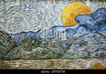 ´Evening Landscape with Rising Moon´ (1889) by Vincent Van Gogh. Kröller-Müller Museum, Het Nationale Park De Hoge Veluwe. Gelderland, Netherlands. Stock Photo