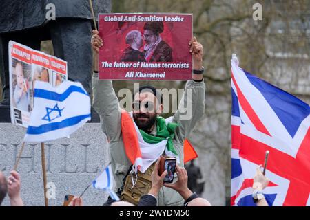 London, UK, 5th April, 2024. British-Israelis, pro-democracy Iranians and others organised a counter-protest during the annual Al-Quds Day march held in solidarity with Palestinians. The two groups confronted each other as the march passed through Parliament Square. Credit: Eleventh Hour Photography/Alamy Live News Stock Photo