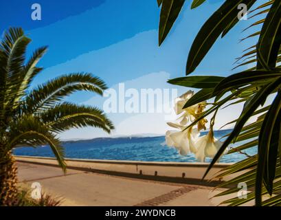 Awe View on  road at Spetses - one of of Greek islands and awe pink flowering  and  blurred motion moped in summer.  Fantastic summer recreation also Stock Photo