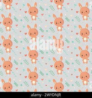 Seamless pattern with a cute cartoon bunny surrounded by plants and flowers, wrapping paper, baby clothes, bed linens Stock Vector