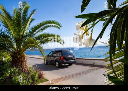 Car is  very  rare  on Spetses road  with amazing garden  - one of the best Greek islands  in Mediterranean Sea . palm trees alson - idyllic recr4eati Stock Photo