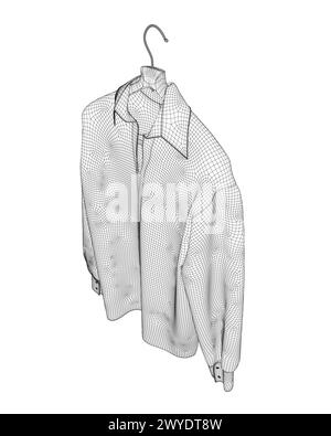 Wireframe shirt with button down collar isolated on white. Wireframe of a long sleeved shirt hanging on a hanger made of black lines isolated on a whi Stock Vector