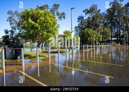 Saturday 6th April 2024. Sydney has been hit with a deluge of rain over the past 48 hours, with some areas including Penrith receiving the heaviest rainfall ever, In Narrabeen residents around Narabeen lagoon, pictured, have been asked to evacuate due to rising water levels from Narrabeen lake on Sydney northern beaches., where over 150mm of rain has fallen. There have been over 50 flood watches along rivers in New South Wales and Warragamba dam is expected to spill.  Credit Martin Berry @alamy live news. Stock Photo