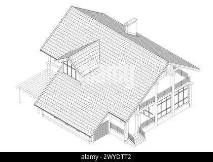 Outline suburban house model. Drawing of the modern building. Cottage project on white background. Vector blueprint. Isometric view. 3D. Stock Vector