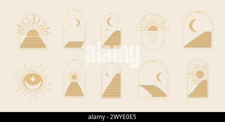 Set arch window thin line frame celestial, mystic with staircase, astrology symbols moon and sun, line border, minimal tattoo isolated. Esoteric spiritual icon. Vector illustration Stock Vector