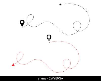 Dashed line arrow route path location pin with winding vector. Stock Vector