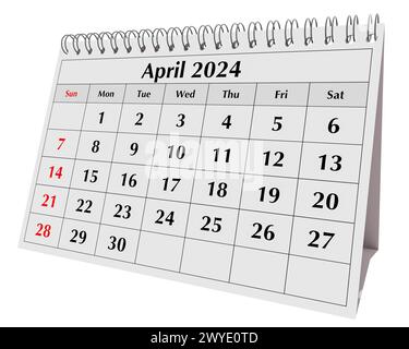 April 2024 calendar. Page of the annual business desk month calendar isolated on white Stock Photo