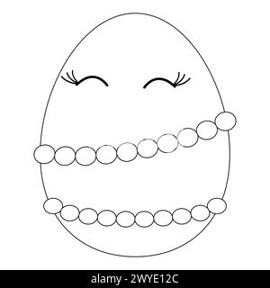 Childrens coloring books. Anthropomorphic happy Easter egg-woman dressed in beads. Vector black and white drawing Stock Vector