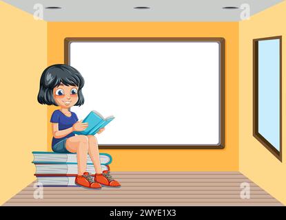 Cartoon girl reading book in classroom setting Stock Vector