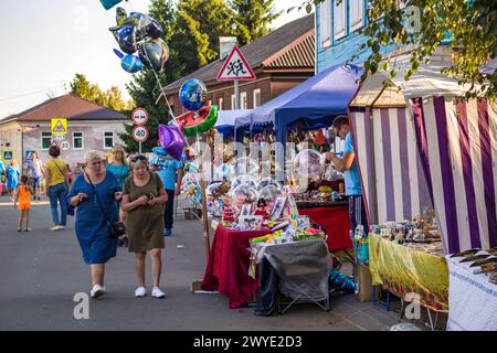 Borovsk, Russia - August 18, 2018: Celebration of the 660th anniversary of the city of Borovsk. Shopping arcade on the city street Stock Photo