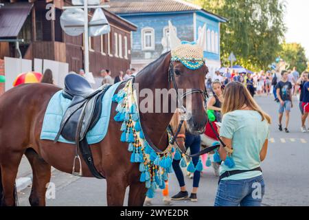 Borovsk, Russia - August 18, 2018: Celebration of the 660th anniversary of the city of Borovsk. Beautifully dressed riding horse Stock Photo