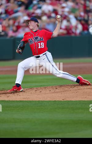 April 5, 2024: Rebels pitcher Liam Doyle #19 in action on the mound ...