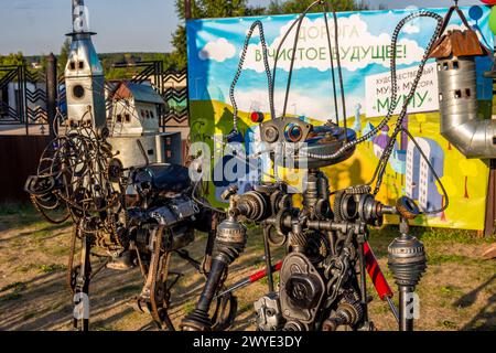 Borovsk, Russia - August 18, 2018: Celebration of the 660th anniversary of the city of Borovsk. Sculpture of garbage and metal Stock Photo