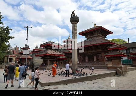 Jagannath Krishna Temple, 1 of the oldest monuments in Hanuman Dhoka Durbar Square, Kathmandu & King Pratap Malla's column, UNESCO World Heritage Site Stock Photo