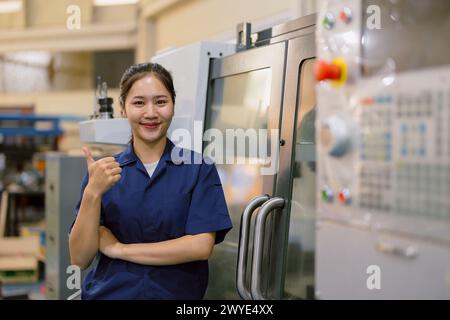 Portrait asian woman worker working in heavy industry machine. Young engineer female happy thumbs up. Stock Photo