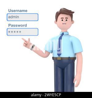 3D illustration of businessman admin network engineer pushing username and password fields login box.3D rendering on white background Stock Photo
