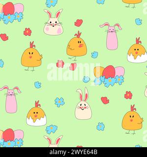 Seamless pattern with Easter chickens, hares, eggs in a nest. Daisies on a green background for kids products. Cute rabbits for baby clothes. Flat vector illustration for printing packaging, fabric and textiles. Stock Vector