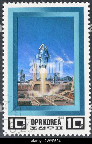 Cancelled postage stamp printed by North Korea, that shows Space travel of the future, circa 1982. Stock Photo