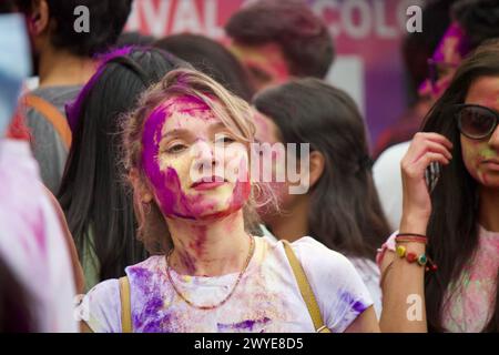 Berlin, Germany, March 30, 2024. Hundreds of people celebrate Holi Festival, a sacred Hindu holiday. Stock Photo