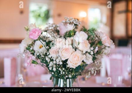 Wedding bouquet in dining hall Stock Photo