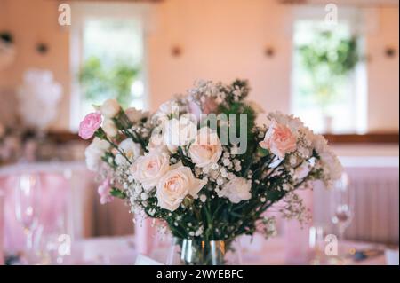 Wedding bouquet in dining hall Stock Photo
