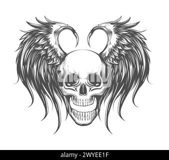 Human Skull with Wings Engraving Tattoo Design Isolated on White. No AI was Used. Stock Vector