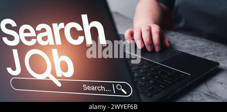 Banner of woman using laptop for browsing work opportunities online using job search app. Recruitment concept. Search Job on internet. Stock Photo