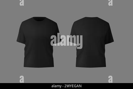Basic black male t-shirt realistic mockup. Front and back view. Blank textile print template clothing Stock Vector
