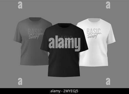 Basic black male t-shirt realistic mockup. Front and back view. Blank textile print template clothing Stock Vector