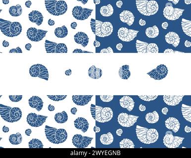 Set of seamless vector pattern with blue sea shells. Hand drawn vintage sketch of engraving elements. Marine background. Can be used for packaging, pa Stock Vector
