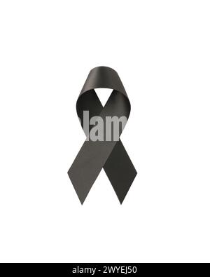 Black ribbon symbol of melanoma cancer isolated on white background, top view Stock Photo