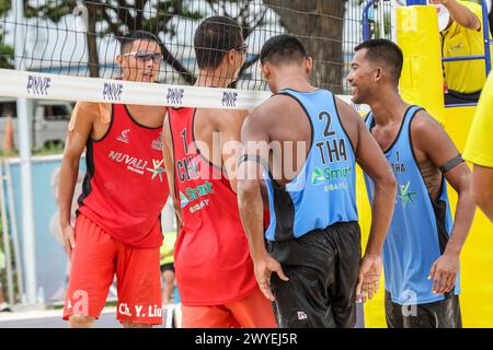 Laguna Province, Philippines. 6th Apr, 2024. Dunwinit Kaewsai (2nd R)/Suring Jongklang (1st R) of Thailand and Liu Chuanyong (1st L)/Li Zhuoxin greet each other after their men's round of 16 match at the Asian Volleyball Confederation (AVC) Beach Tour Nuvali Open in Laguna Province, the Philippines, April 6, 2024. Credit: Rouelle Umali/Xinhua/Alamy Live News Stock Photo